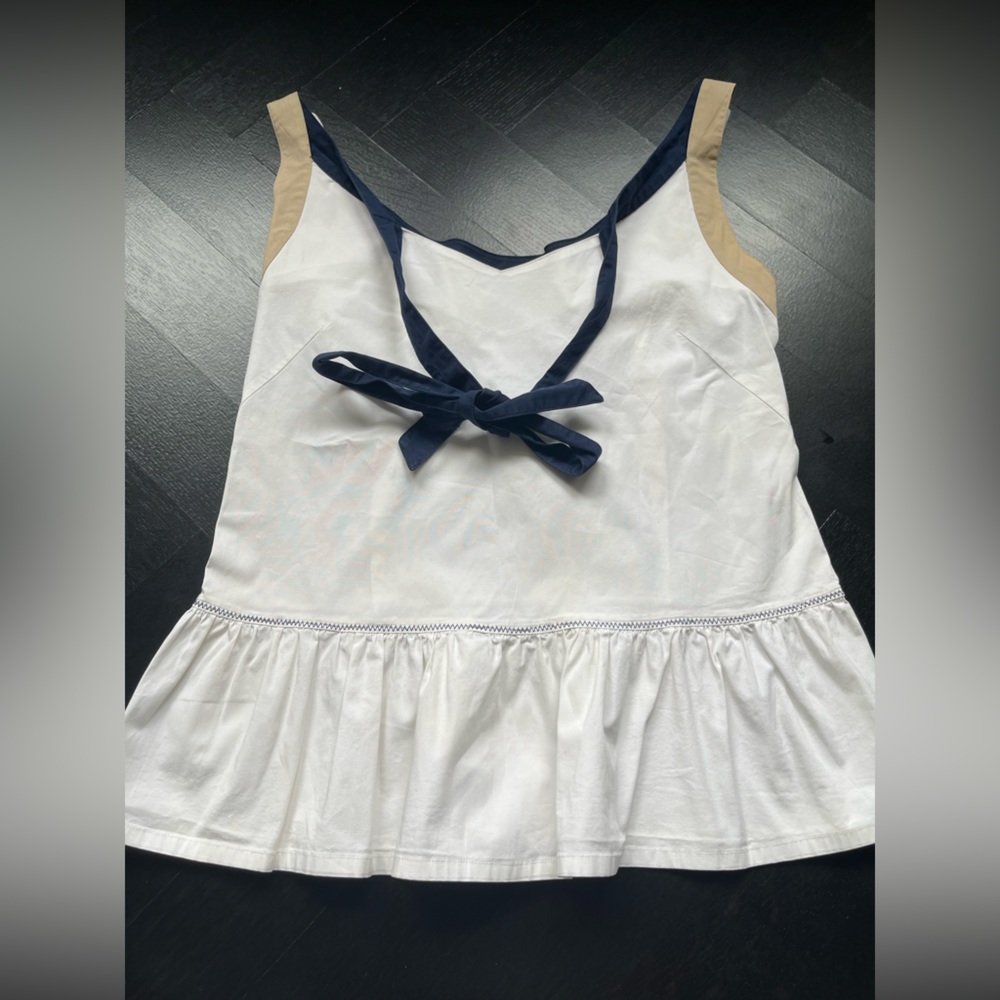 Philosophy di Alberta Ferretti blouse with navy bow and ruffles at the bottom